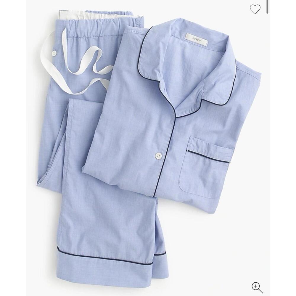 J. Crew Light Blue Cotton Pajama Set with Navy Piping